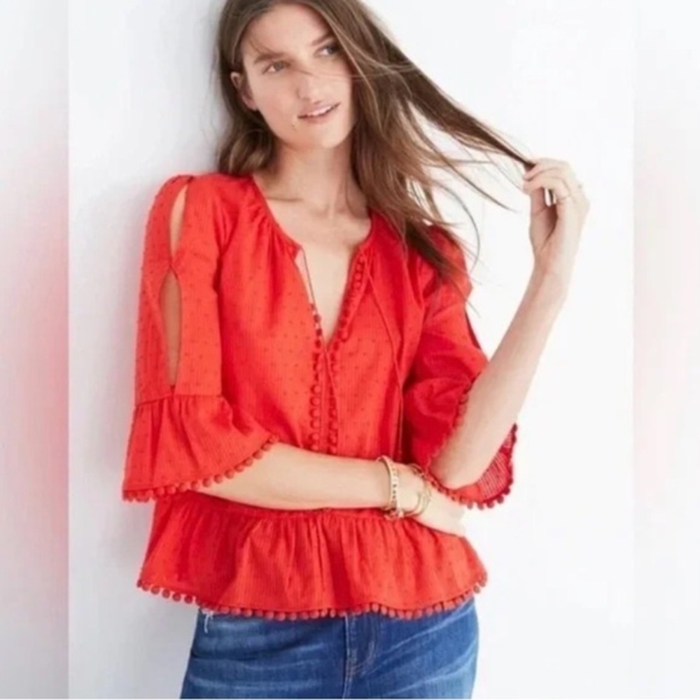 Madewell Vibrant Red Cold Shoulder Blouse Pom-Pom Details Size Medium